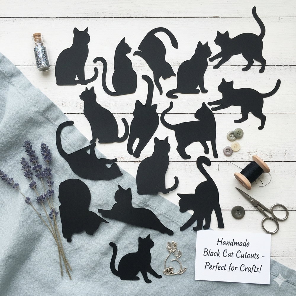 12 Pc Black Cat Cardstock Silhouettes | 3" Paper Cutouts